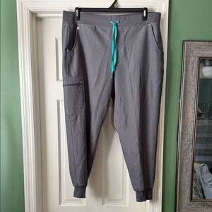 Figs Rafaela XL Charcoal Scrub Pants with Aqua Drawstring